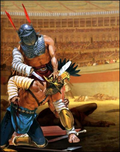 La foule juge de la vie ou de la mort d'un gladiateur dans la Rome antique