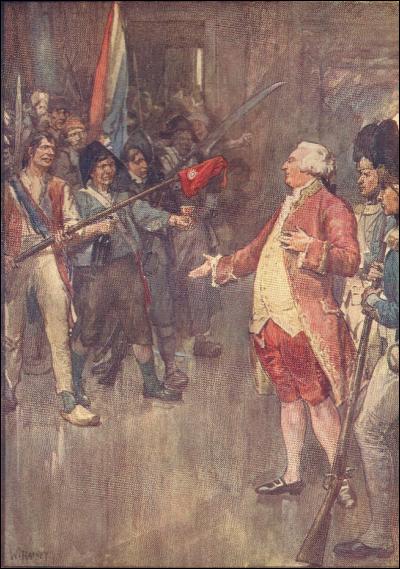 Un homme offre un bonnet rouge à Louis XVI qui le met sur sa tête en 1792 aux Tuileries