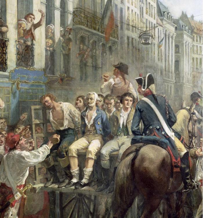 Robespierre et vingt de ses amis, dont Saint-Just, Couthon, Hanriot, Simon, sont conduits à l'échafaud